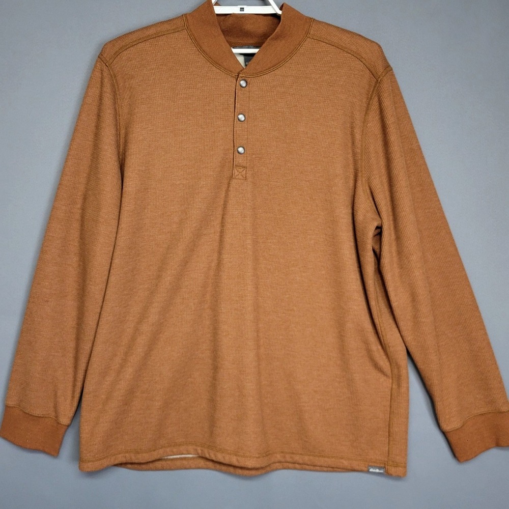 Eddie Bauer Pullover Mens T-2XL Fleece Lined Waffle Knit Snap Collar Long Sleeve